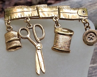 Vintage Sewing Notions Brooch: Gold-Tone Seamstress Pin