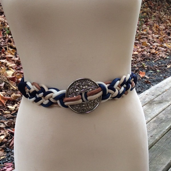 Vintage women's navy nautical rope belt, blue creamy white rose gold satin braided fabric hook belt, casual braid urban street fashion belt