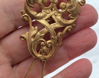 Vintage Victorian watch fob revival brooch gold tone Filigree pin ornate sweater bar nurses art Nouveau wardrobe accessories
