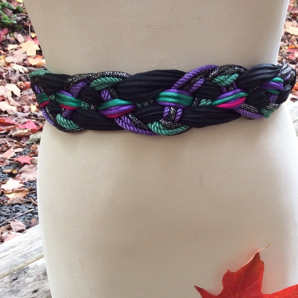 Vintage women's purple red green glitter satin braided fabric hook belt, boho mod colourful braid belt, glam statement fashion hook belt