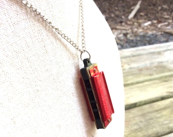 Vintage Miniature Red Harmonica mouth organ Pendant Necklace, Red Harmonica play the blues, miniature musical necklace jewelry for musicians