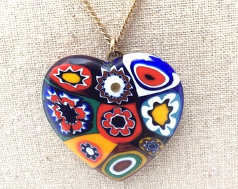 Vintage Millefiori style heart necklace Valentines gifts rainbow heart pendant, Faux Millefiori Heart Pendant necklace, mother heart jewelry