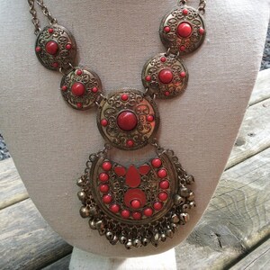 vintage red bronzed ornate big statement India style necklace, filigree coppered red hanging bead bells Necklace, goth Hollywood regency image 3