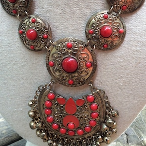 vintage red bronzed ornate big statement India style necklace, filigree coppered red hanging bead bells Necklace, goth Hollywood regency