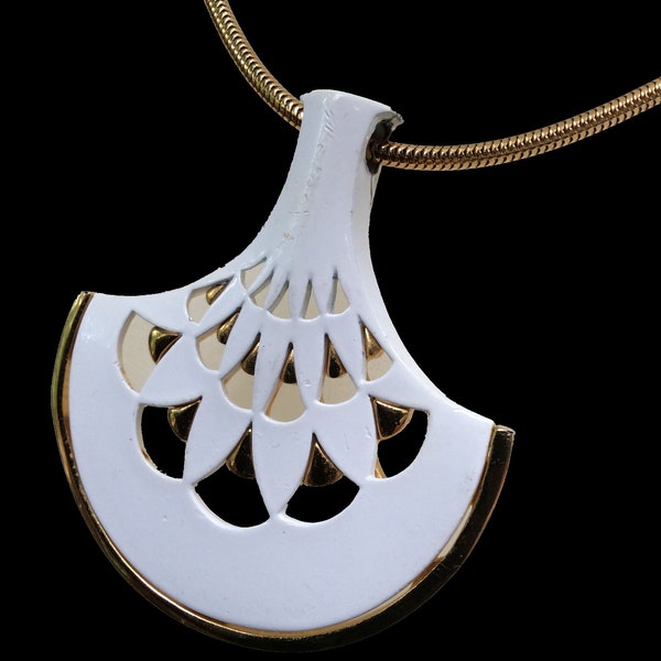 Vintage Biagi designer signed white fan shape enamel pendant, retro minimalist Gingko Leaf Pendant on gold-plated coil chain, Biagi jewelry