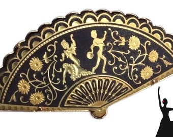 Vintage Damascene brooch pin flamenco Spanish dancers fashion fan Latino Spain dance accessories Mid century modern Tapestry ornate jewelry