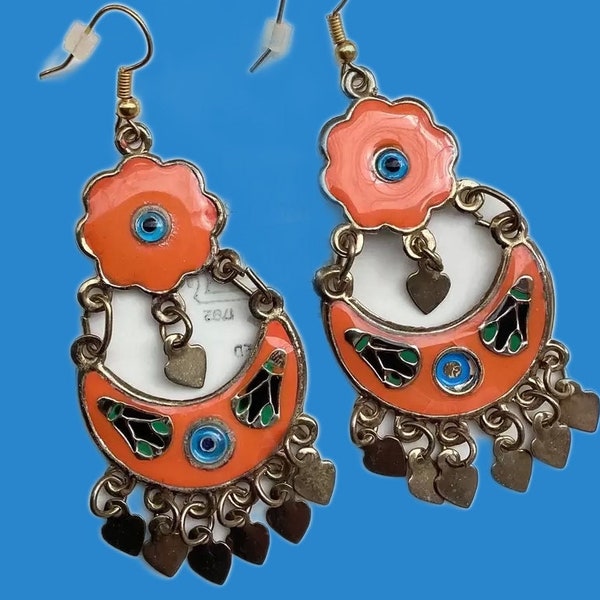 vintage orange enamel long Dangle chandelier India style belly dancer earrings, bronzed tone metal heart earrings, boho hippie fashions