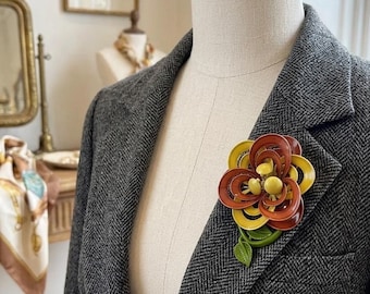 Vintage Enamel Sunflower Brooch: 1960s-70s Autumn Fashion earth tones colours brown yellow green