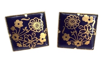 Vintage Cobalt Blue Floral Earrings: Gold Cloisonné Style square