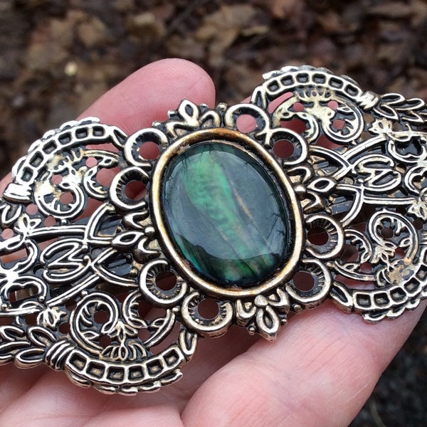 Vintage hair accessories, vintage filigree metal hair Clip, vintage iridescent peacock Cabochon barrette, retro fancy hair clip barrette