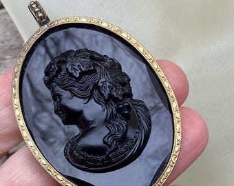 Victorian black Victorian Revival Cameo Pendant: Carved Lady Profile, Black Basalt & Gold Tone