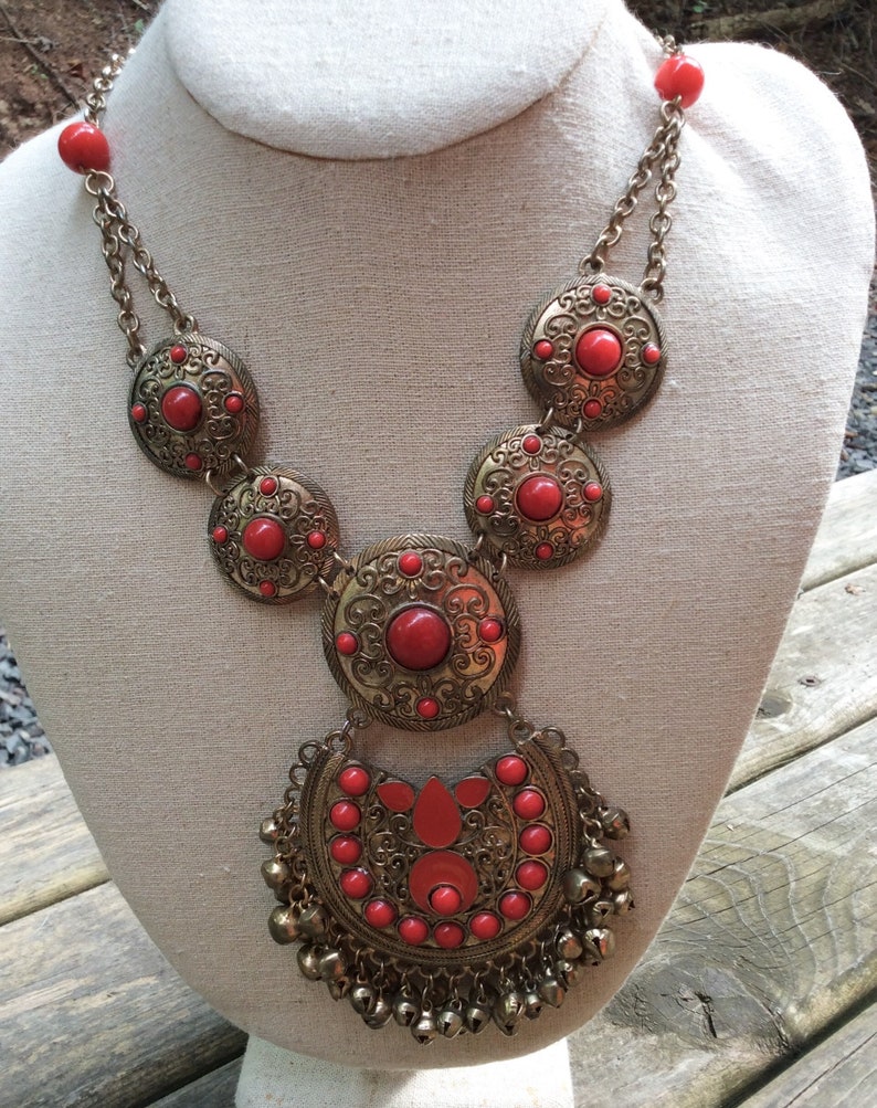 vintage red bronzed ornate big statement India style necklace, filigree coppered red hanging bead bells Necklace, goth Hollywood regency image 3