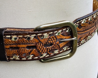 Tooled Leather Western Belt, Big Agate Stone Buckle, Horse  display picture 1