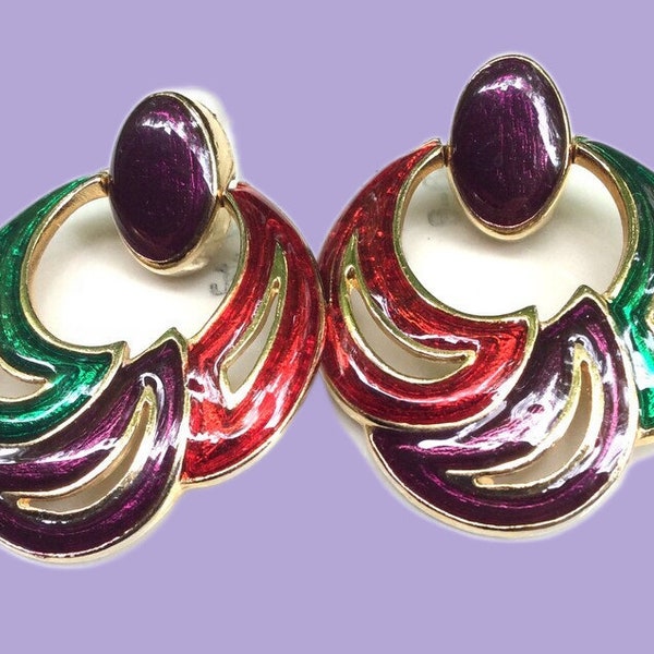 Vintage multi color enamel Door Knocker style 80s earrings, maximalist fashion glam rock jewelry earrings, maxi Cloisonné style earrings
