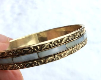 Vintage Brass Bangle Bracelet: Mother of Pearl Inlay, Embossed Boho Cuff