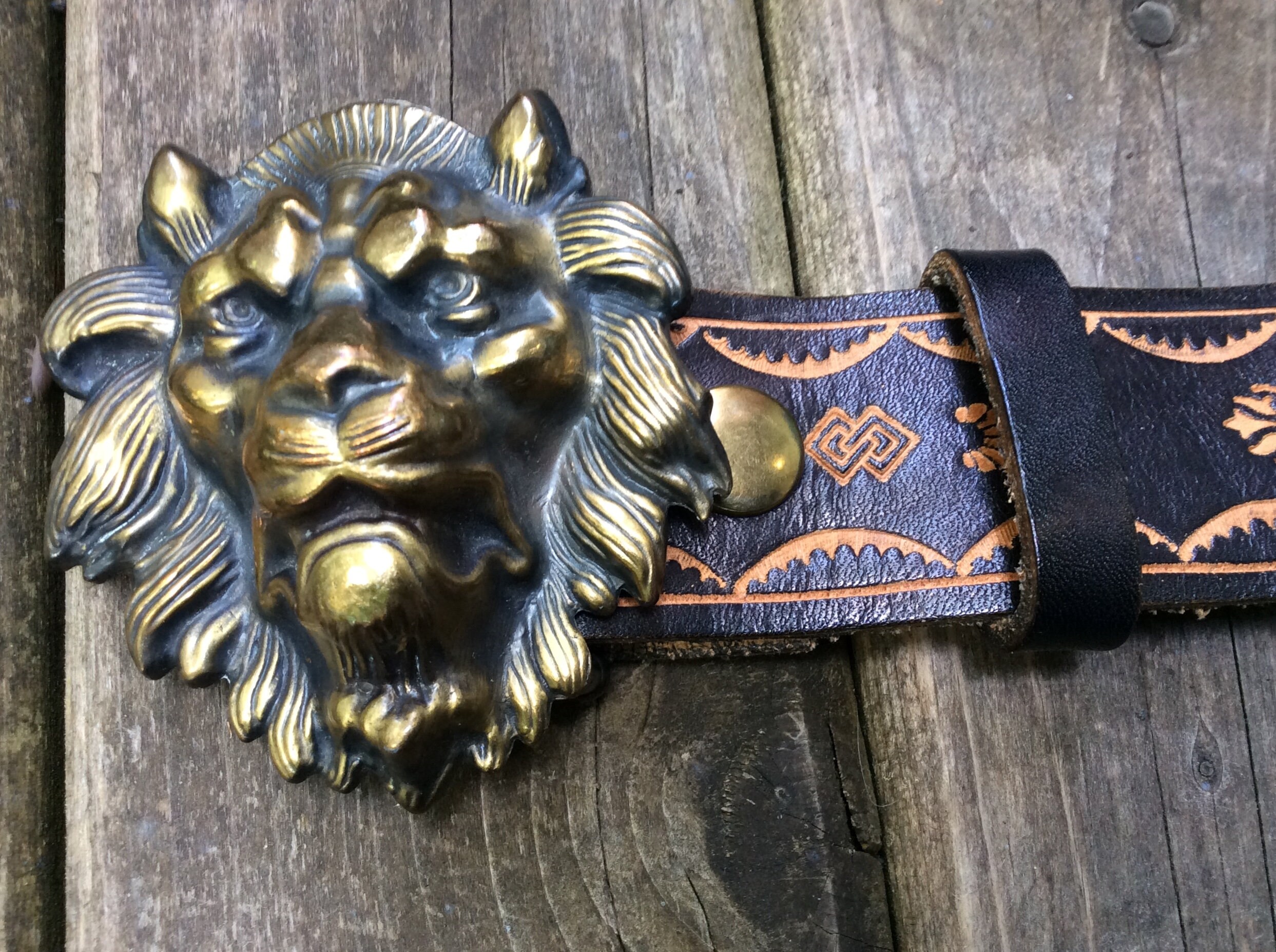 vintage brass lion head buckle belt VINTAGE Silver Metal Lion main image 4