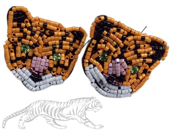 vintage orange black seed beaded tiger earrings, … - image 1