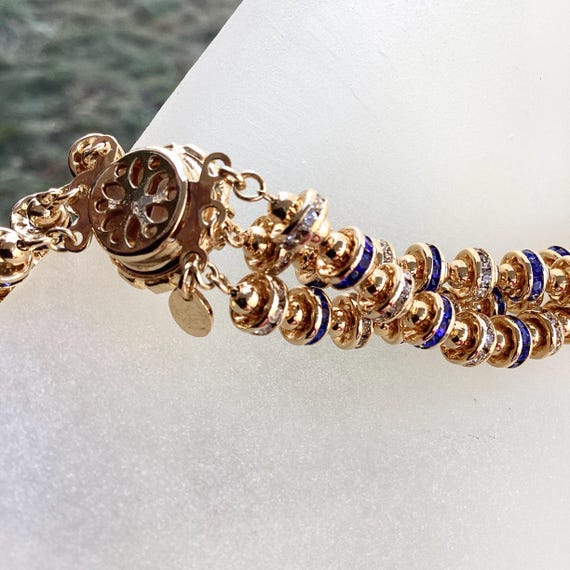 Vintage Franklin Mint Twilight Blue Grotto necklace blue sapphire crystals rhinestones 3 strands Gold Tone Statement designer jewelry View 5