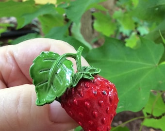 Vintage Red Enamel Strawberry Brooch: Berry Jewelry Pin