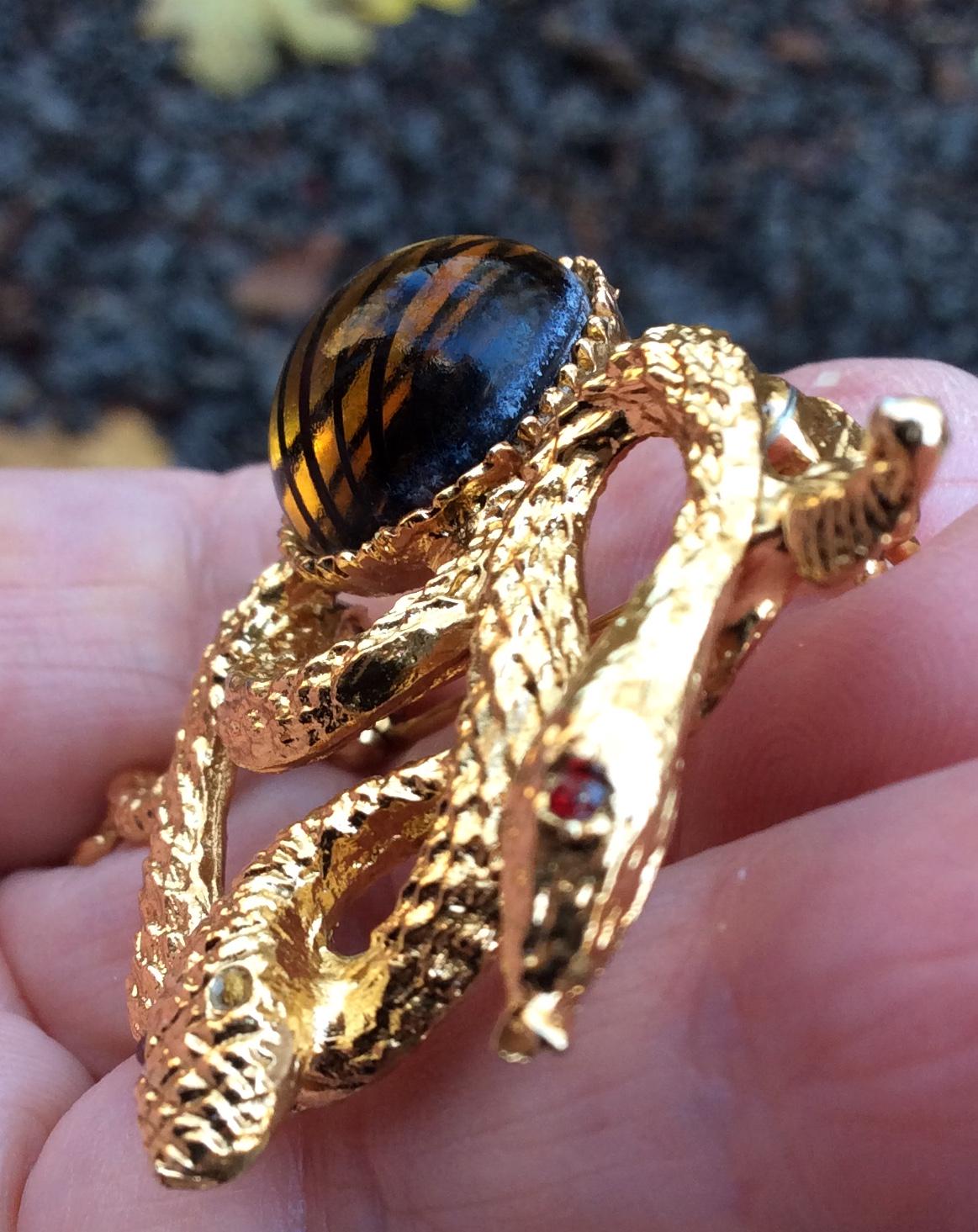 Vintage Gold Tone Knotted Snake Brooch Serpent Amber-color