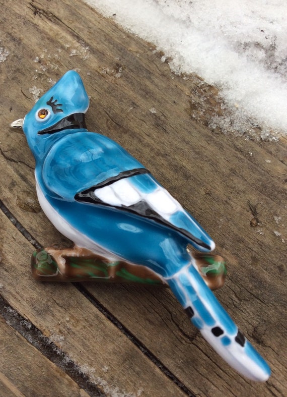 Vintage Enamel jewelled rhinestone Bluejay Brooch… - image 5