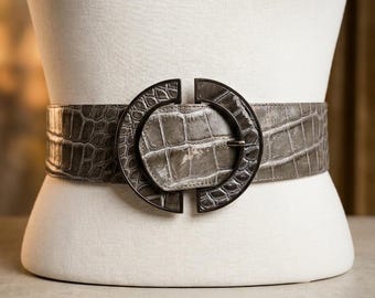 Vintage Reiss Italian Belt: Slate Gray Faux Snakeskin, Adjustable Wide Waist
