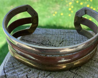 Vintage Three-Tone Metal Cuff Bracelet: Silver, Copper & Brass unisex fashions