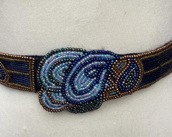 Vintage beaded fashion belt Ceinture Emmanuel designer iridescent metallic beads peacock black sash dance accessories embroidered waistband