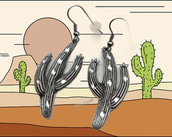 Vintage Silver Toned Cactus Earrings: Southwestern Boho Dangles