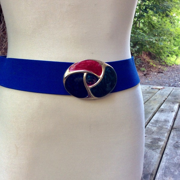 Vintage women's DAY-LOR Blue Stretch Belt With Enamelled Buckle, 80s 90s fashion cinch belt, Day Lor enamel buckle, glam rock dance vibe