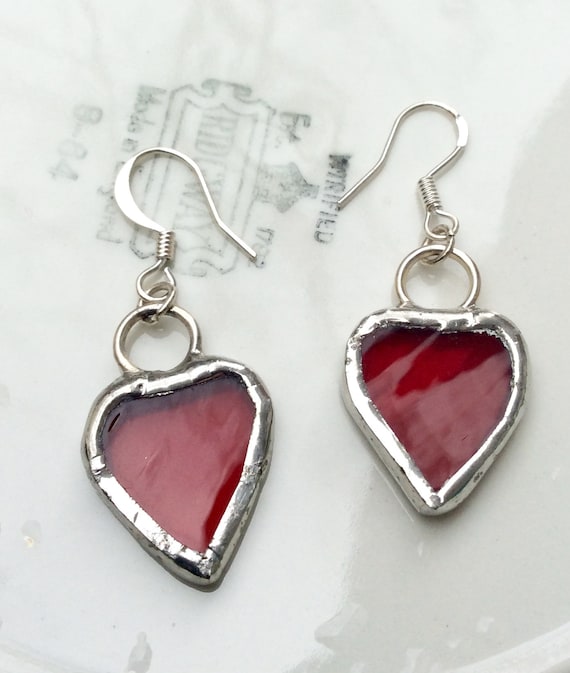 Vintage handmade Red Glass heart Valentine earring