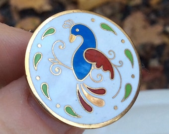 Vintage round blue bird Brooch Cloisonné Style white rooster pin bluebird Enamel