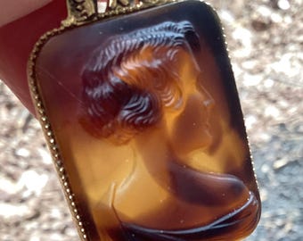 Victorian Revival Cameo Necklace: Brown Lucite Filigree Pendant