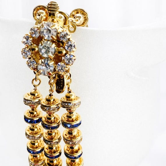 Vintage Franklin Mint Twilight Blue Grotto necklace blue sapphire crystals rhinestones 3 strands Gold Tone Statement designer jewelry View 2