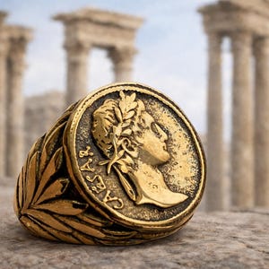 May include: A gold-colored ring with a coin-like face featuring a profile of a person with a laurel wreath. The ring has a detailed design with the word "CAESAR" visible. The background shows blurred ancient columns.