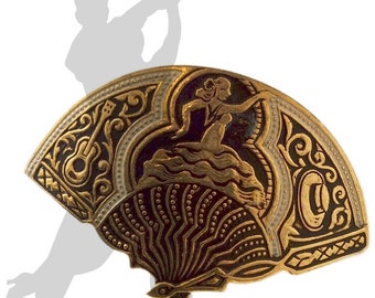 Vintage Damascene Spanish Brooch Flamenco Dancers Tapestry Fan Brooch, Toledo Spain Flamenco Jewelry dancers estate sale