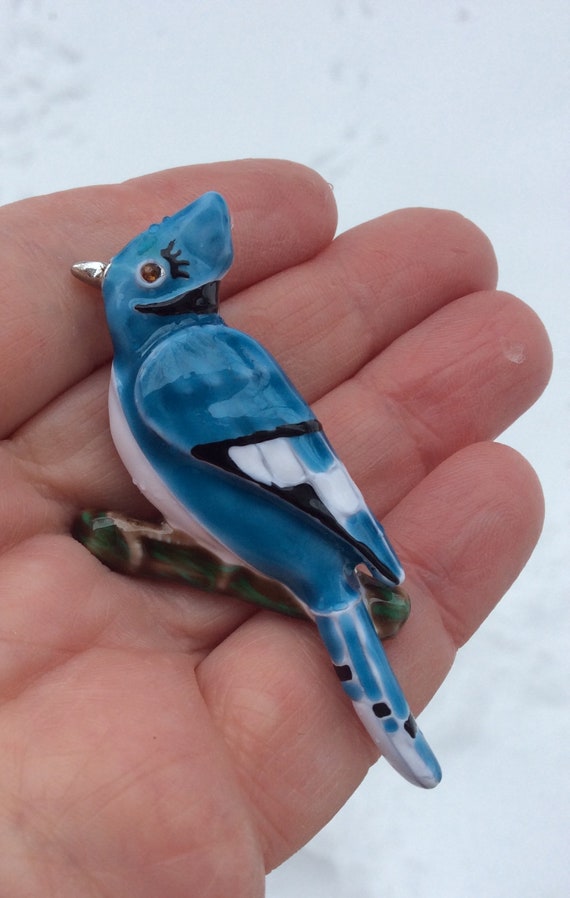 Vintage Enamel jewelled rhinestone Bluejay Brooch… - image 1