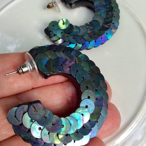 Vintage Sequin Hoop Earrings: Iridescent Peacock Glam Jewelry