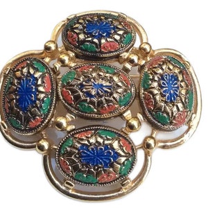 Vintage Sarah Coventry jewelry Mosaic multi color cabochon Light of the East Collection brooch, Tiered Mosaic art brooch retro gift mom wife