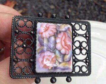 Vintage pink and black floral Filigree Brooch: Metal Framed Porcelain Cabochon funeral fashions