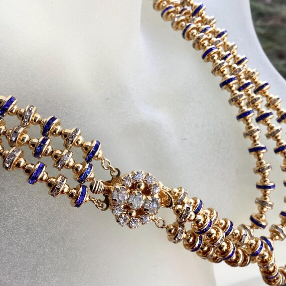 Vintage Franklin Mint Twilight Blue Grotto necklace blue sapphire crystals rhinestones 3 strands Gold Tone Statement designer jewelry View 4
