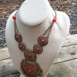 vintage red bronzed ornate big statement India style necklace, filigree coppered red hanging bead bells Necklace, goth Hollywood regency image 6