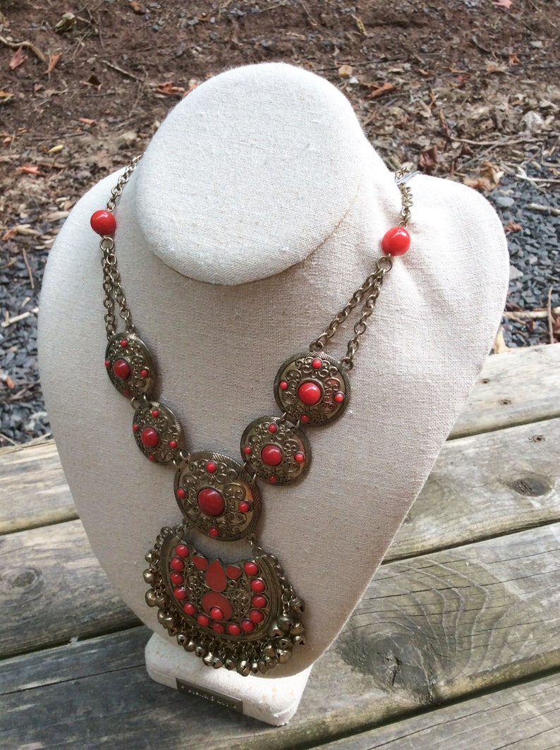 vintage red bronzed ornate big statement India style necklace, filigree coppered red hanging bead bells Necklace, goth Hollywood regency image 6