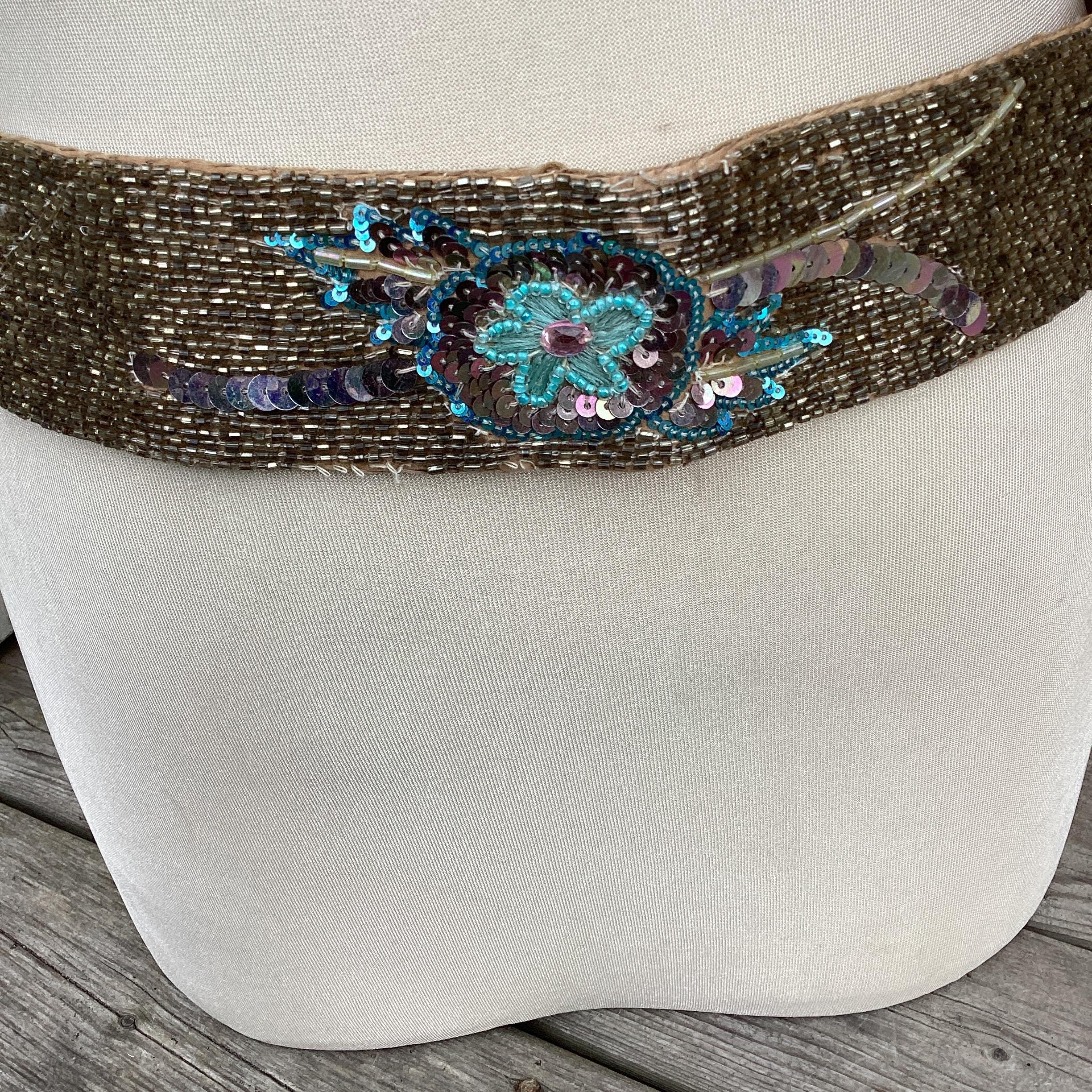 Vintage Saks Fifth Avenue Multicolor Glass Beaded Iridescent Sash Belt Small Vintage Beaded Sequin Belt: Turquoise Iridescent Floral Sash  main image 3