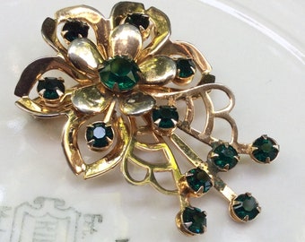 Vintage Emerald Green Rhinestone Floral Brooch: Christmas Jewelry