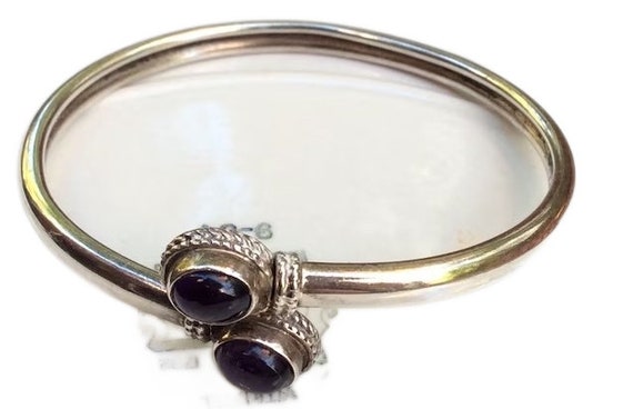 Bracelet Manchette Argenté Avec Améthystes - Style Vintage - Occasion - Pierres Violettes