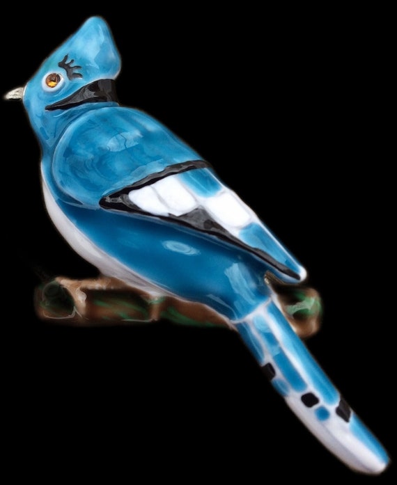 Vintage Enamel jewelled rhinestone Bluejay Brooch… - image 2