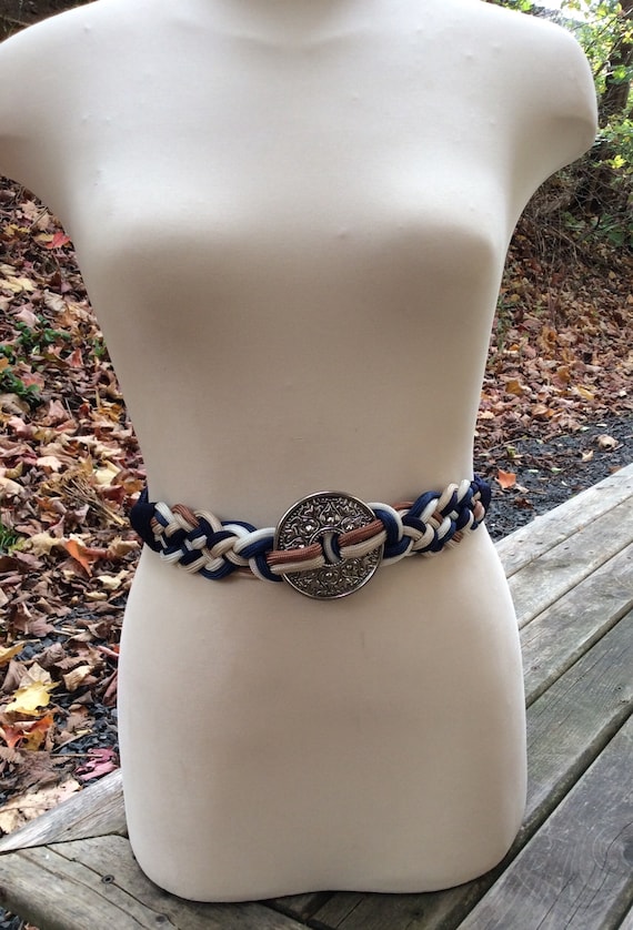 Vintage women's navy nautical rope belt, blue crea
