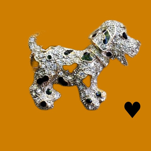 vintage jewelled rhinestone Dalmatian Dog brooch, rhinestone spotted Dog brooch, glam dog jewelry for hat scarf sweater, black spotted dog