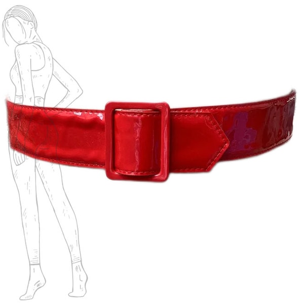 Vintage wide red wet look vinyl mod belt, glam fashion party shiny adjustable 80s belts, retro goth girl maximalist fashion vamp vogue model